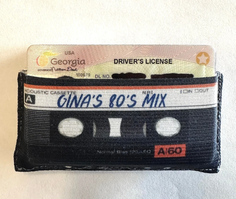 Slim wallet shaped like a vintage cassette tape