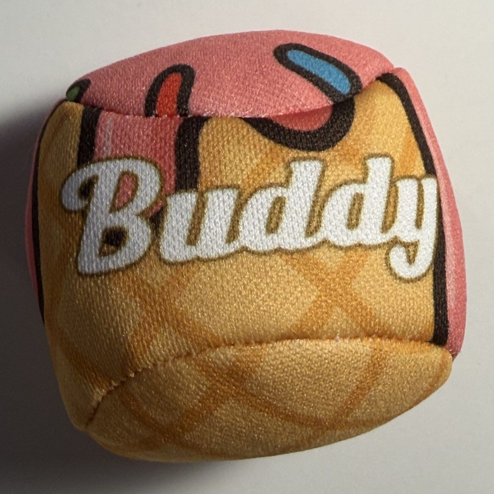 Hacky sack with the name Buddy stitched on a donut-print panel